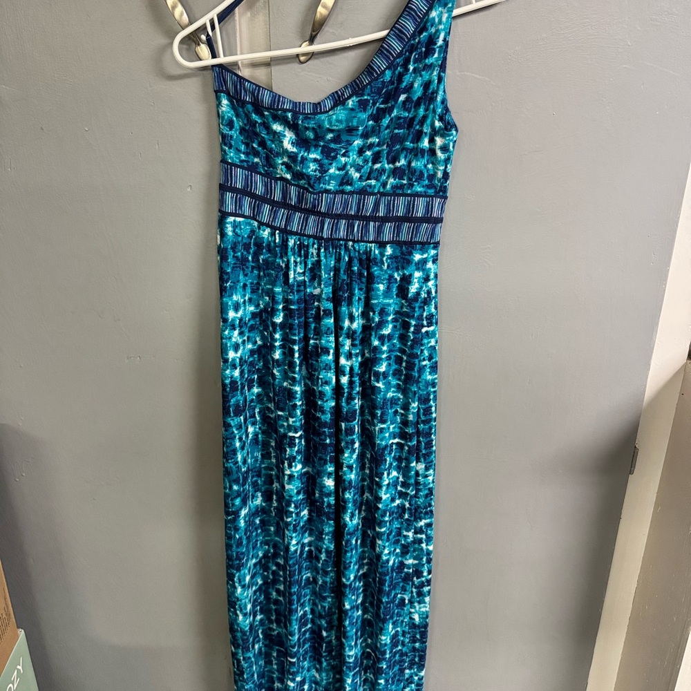 BCBGMaxAzria One Shoulder Teal and Navy Maxi Dress